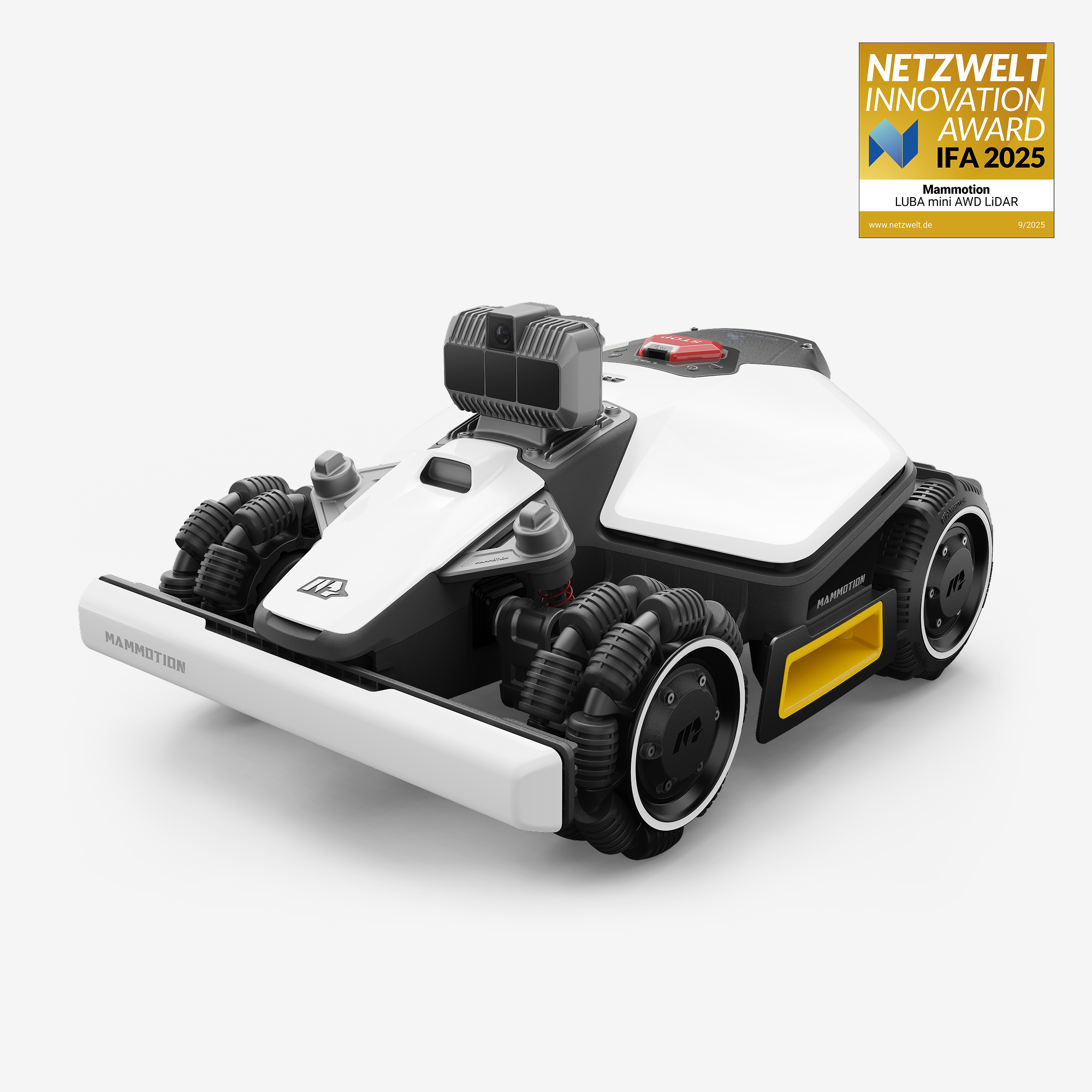 MAMMOTION LUBA mini AWD LiDAR Mähroboter mit Allradantrieb und NETZWELT INNOVATION AWARD IFA 2025 Auszeichnung. Ansicht von vorne links.