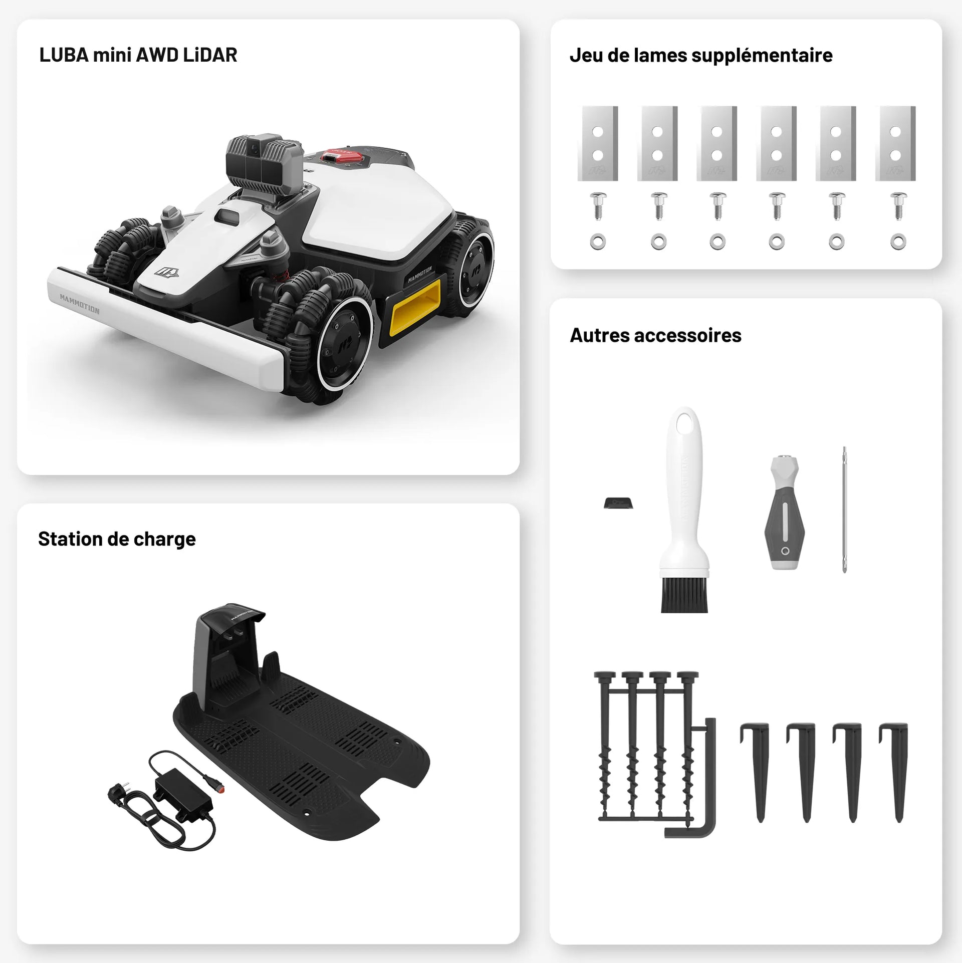 Lieferumfang des MAMMOTION LUBA mini AWD LiDAR Mähroboters: Inklusive Roboter, Ladestation, Werkzeug-Set, Befestigungsschrauben und Übersicht der Cloud-Kartenfunktionen für Rasenflächen.